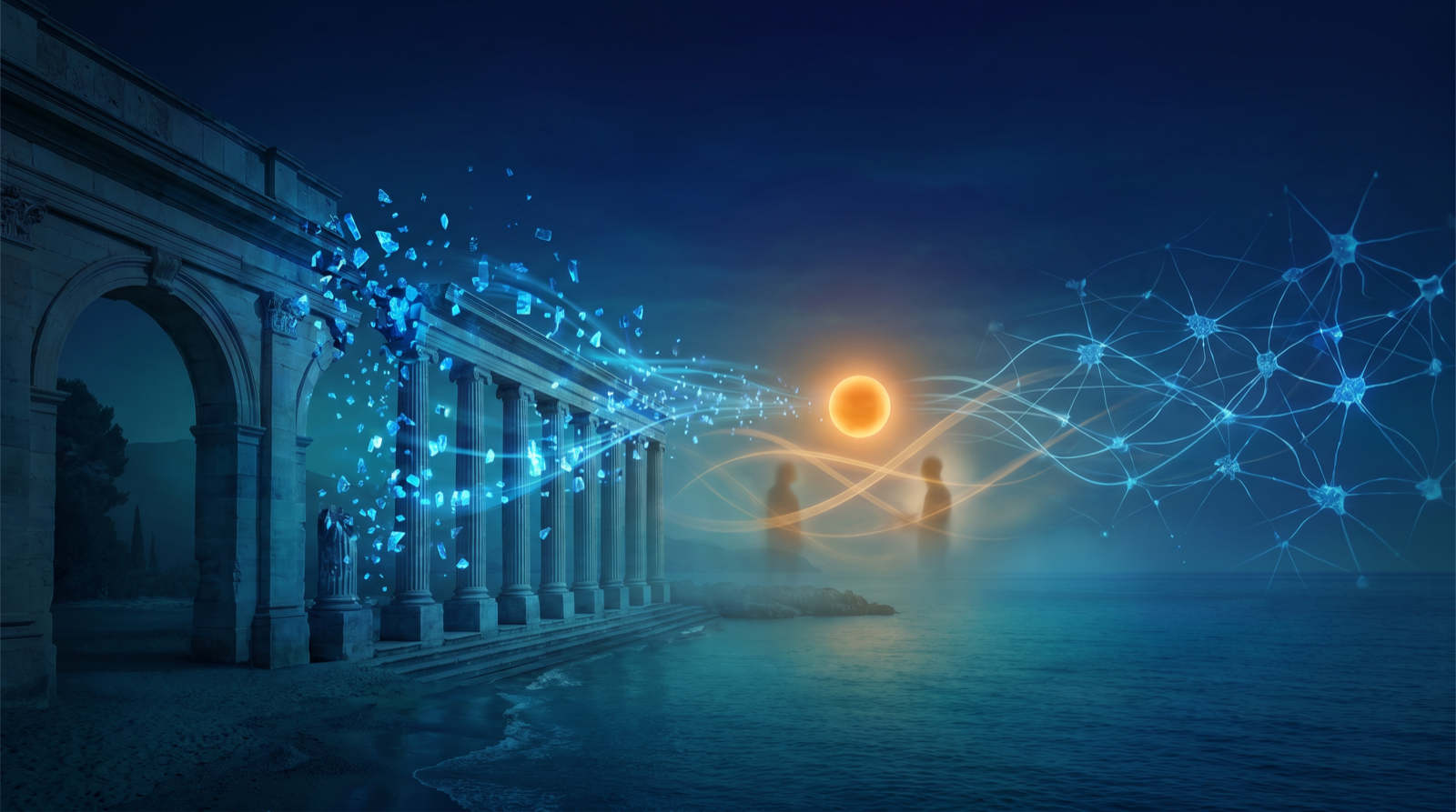 A classical Renaissance colonnade dissolving into a field of glowing blue data nodes across a Mediterranean dusk, with a single warm light at the centre